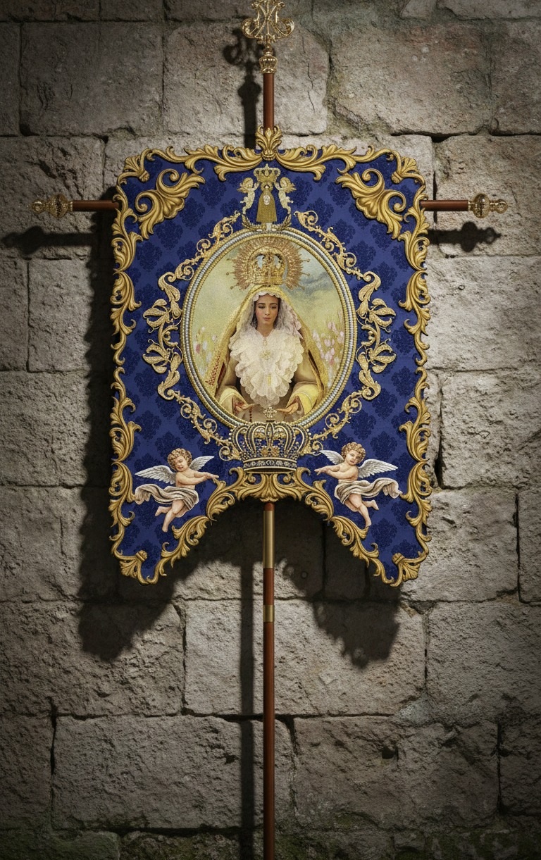 Estandarte cofrade con bordado barroco sobre terciopelo