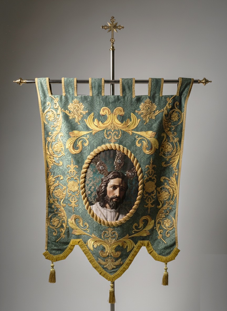 Estandarte cofrade sobre terciopelo verde con bordado dorado
